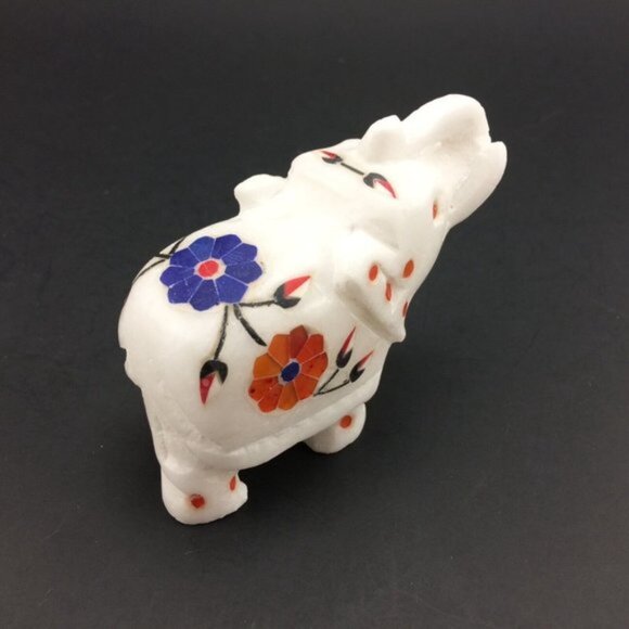 White Marble Elephant Figurine with Stone Inlay Floral Motif Trunk Up Handmade - Picture 4 of 16